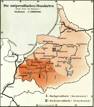 Karte: Mundarten in Ostpreußen, Quelle: Heimatatlas für Ost-Preussen - Digital Repository of Scientific Institutes (rcin.org.pl)[5]