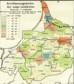 Karte: Ostpreußen, Bevölkerungsdichte 1919, Quelle: Heimatatlas für Ost-Preussen - Digital Repository of Scientific Institutes (rcin.org.pl)