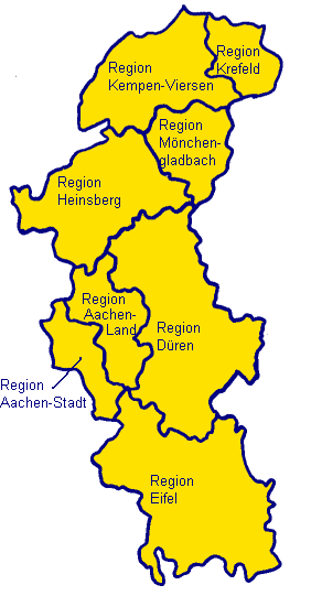 Übersichtskarte des Bistums Aachen nach Regionen.