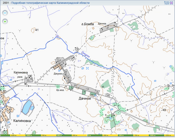 Karte: Teile der Gemeinde Kalinowka (Aulowöhnen) mit der russischen Gemeinde Dachnoye (Alt Lappönen) 2012, russische Quelle: Begräbnis von 183 deutschen Soldaten auf der topographischen Karte von 2001 (prussia39.ru)