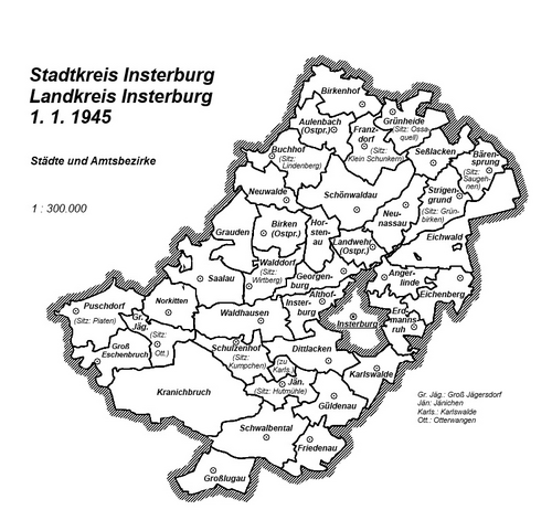 Karte: Landkreis Insterburg 1945Quelle: Datei: Landkreis Insterburg.jpg – GenWiki (genealogy.net)  1936