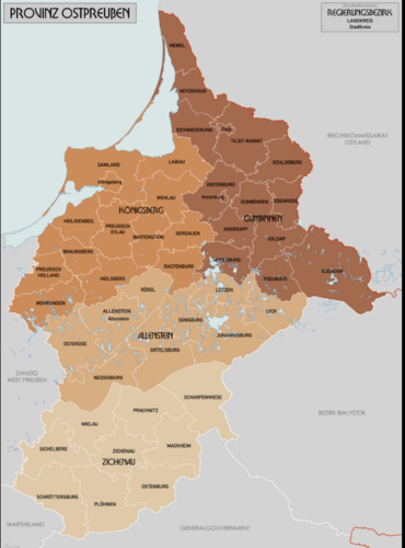 Karte: Gau Ostpreußen, Die bisherigen Regierungsbezirke und der "eingegliederte" Regierungsbezirk Zichenau,1939, Quelle: Quelle: Regierungsbezirk Zichenau (atozwiki.com)