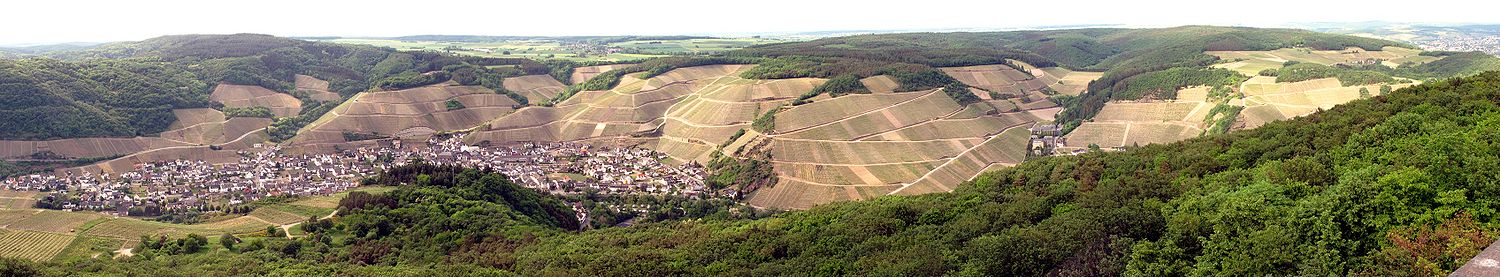 Blick in das Ahrtal vom Krausbergturm, links Dernau, rechts Marienthal