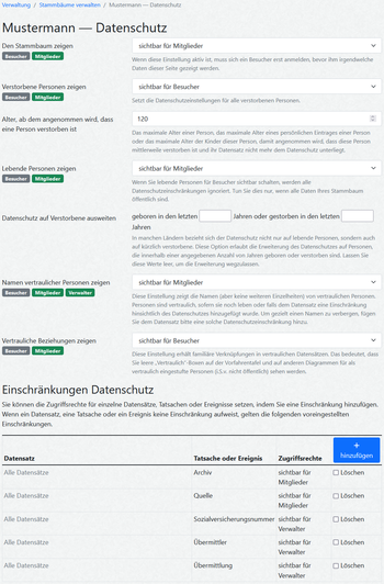 Datenschutzeinstellungen eines Stammbaums