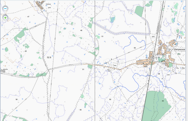 Karte: Teile der Gemeinde Kaluschskoje (russisch Калужское) Grünheide mit der aufgelassenen Gemeinde Lindenhöhe 2012, russische Quelle: Begräbnis von 183 deutschen Soldaten auf der topographischen Karte von 2001 (prussia39.ru)