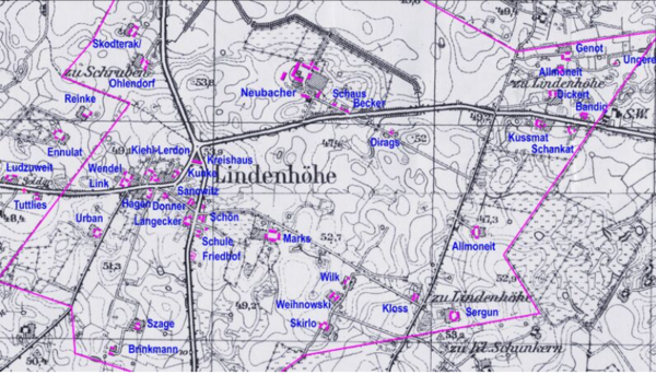 Karte: Gemeinde Lindenhöhe, Die Zuordnungen auf Messtischblatt von Gumbinnen (1939) wurde von Herrn Mattulat 2021 unter Mithilfe von Hildegard Kiehl geb. Tuttlies erstellt. Quelle: privat