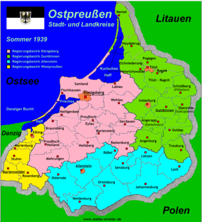 Verwaltungskreise Ostpreußen 1. August 1939, Quelle: Ostpreußen - Verwaltungsbezirke - Kreis (stefan-winkler.de)