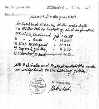 Abbildung: Die Teilnahme von Michael Kitursko an der Flucht 1945 wurde ihm vom Bürgermeister in Willschicken untersagt, Sein Name wurde von ihm auf der Reisegenehmigung durchgestrichen, Quelle: privat