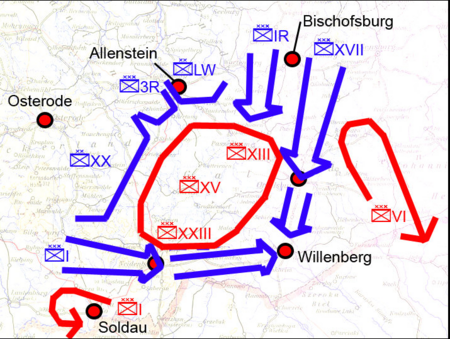 Karte: Schlacht bei Tannenberg 23.-31. August 1914, Quelle: Ostpreußische Operation (1914) – Wikipedia