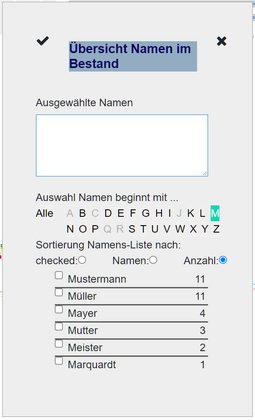Anfangsbuchstaben 'M' gewählt - Sortierung nach Anzahl