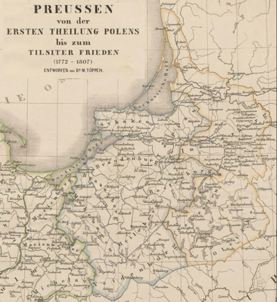 Die Verwaltungsgliederung von Ostpreußen, Stand 1773. Der vormals ostpreußische Kreis Marienwerder ist nunmehr Westpreußen zugeteilt, Quelle: Liste der Landkreise in Ostpreußen – Wikipedia