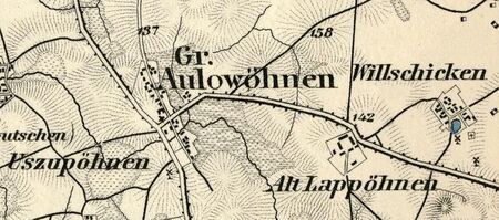 Karte: Alt Lappöhnen 1893, das Dorf Willschicken hatte 1893 noch einen erkennbaren Dorfkern, Quelle: Groß Aulowönen – GenWiki (genealogy.net)