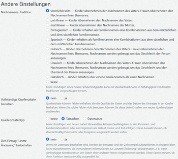 Stammbaum-Einstellungen Andere Einstellungen