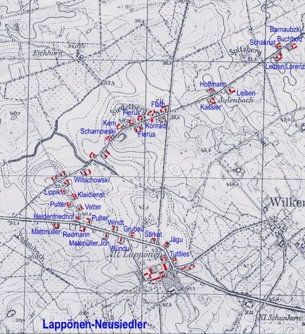 Alt Lappönen Neusiedler, Quelle: Abbildung: privat: Die Zuordnungen auf Messtischblatt von Lappönen (1939) wurde von Herrn Mattulat 2021 unter Mithilfe von Hildegard Kiehl geb. Tuttlies erstellt.