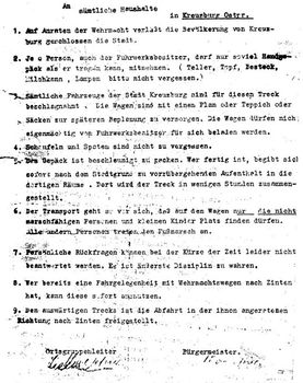 Der völlig verspätete Räumungsbefehl für Kreuzburg im Samland/Ostpreußen vom 29.01.1945, Quelle:Kreuzburger Erinnerungen - Familienforschung Ostpreußen (tharauvillage.de)