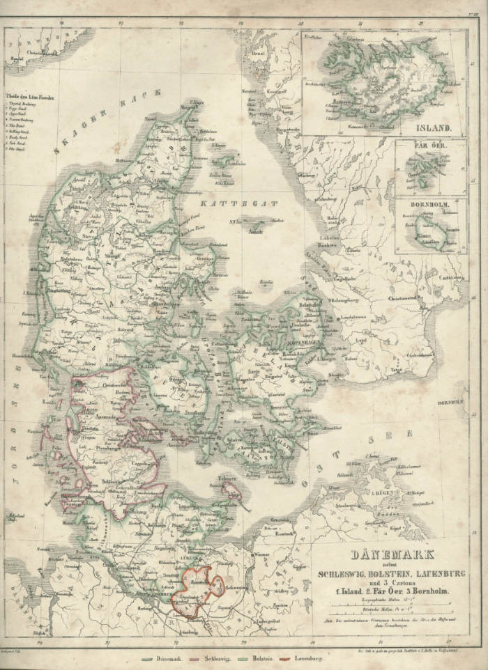 DÄNEMARK nebst SCHLESWIG, HOLSTEIN, LAUENBURG und 3 Cartons 1. Island, 2. Fär Öer. 3. Bornholm.