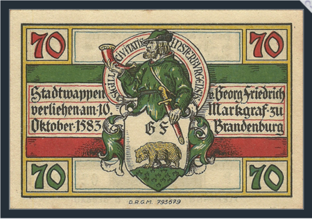 Abbildung: Stadtwappen von Insterburg, auf Notgeldschein, ausgegeben von der städtischen Sparkasse Insterburg während der Inflation von 1921, 70 Pfennige, Quelle: 70 Пфенu)нигов 1921, Инстербург подробное описание (notescollector.e