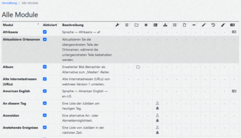 Verwaltung - Auflistung aller verfügbaren Module