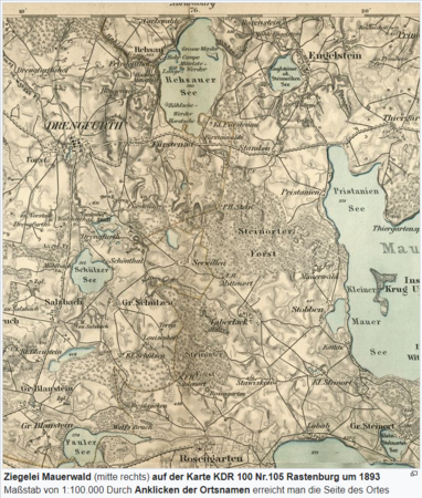 Karte: Mauersee und Pristanien (Paßdorf) mit Baumschule Wenk und den Bunkern des Hauptquartiers des Oberkommandos der Wehrmacht. nahe dem Dorf Mauerwald, Quelle: Ziegelei Mauerwald – GenWiki (genealogy.net)