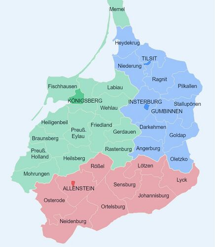 Karte: Verwaltungsgliederung der Provinz Ostpreußen 1905 bis 1920; Regierungsbezirke Königsberg, Gumbinnen und Allenstein; Mit Wirkung ab 1. November 1905 wurden die vier südlichen Kreise (Johannisburg, Lötzen, Lyck und Sensburg) vom Regierungsbezirk Gumbinnen abgetrennt und zusammen mit dem Südteil des Bezirks Königsberg zum neuen Regierungsbezirk Allenstein zusammengefasst. Quelle: Regierungsbezirk Gumbinnen - Wikipedia