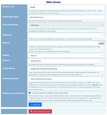 Meine Seiten - Menu Mein Konto Bearbeitungsmaske