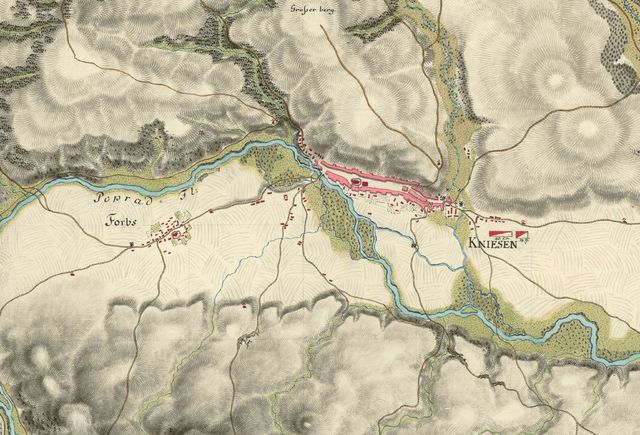 Historische Karte von 1769 mit den Orten Kniesen, Forbasy und dem Poprad Fluss