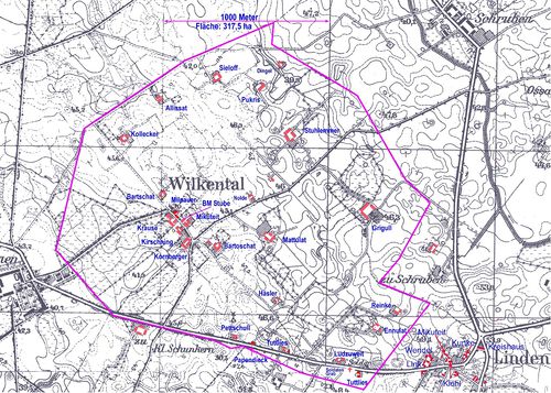 Wilkental Lage der Höfe, Quelle: Abbildung: privat: Die Zuordnungen auf Messtischblatt von Willschicken (1939) wurde von Herrn Mattulat 2021 unter Mithilfe von Hildegard Kiehl geb. Tuttlies erstellt.