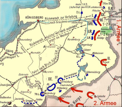 Karte: Schlacht bei Gumbinnen 19.-20. August 1914, Quelle: Ostpreußische Operation (1914) – Wikipedia