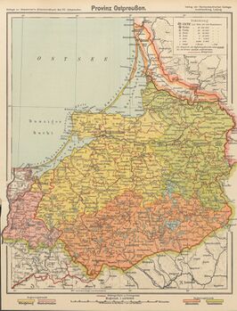 Provinz Ostpreußen in der Weimarer Republik 1920. Im Westen gemindert um ehemalige Teile Westpreußens und das Soldauer Ländchen, im Norden gemindert um das Memelland [62]